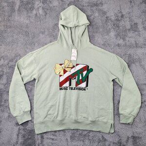 MTV Music Television Hoodie Size L Aqua Gray with Glitter Bow Print Cotton Blend